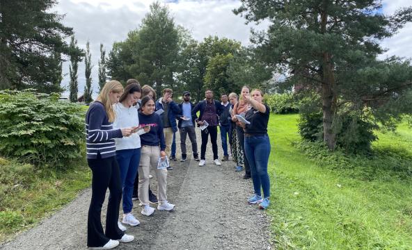 Gruppe av studenter ute på vei ved tre og gress