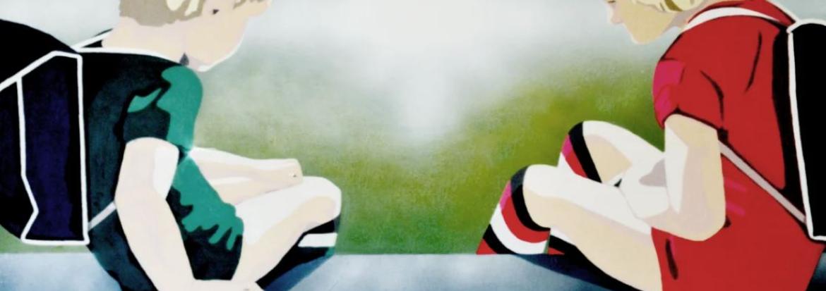 Illustrasjon av to barn som sitter med ryggsekk