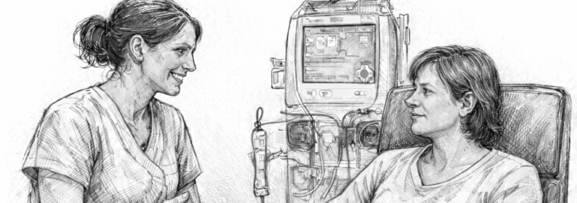 Sykepleier som snakker med en dialysepasient.