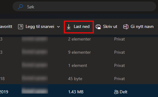 Skjermbilde som viser valget for nedlasting av fil i OneDrive.