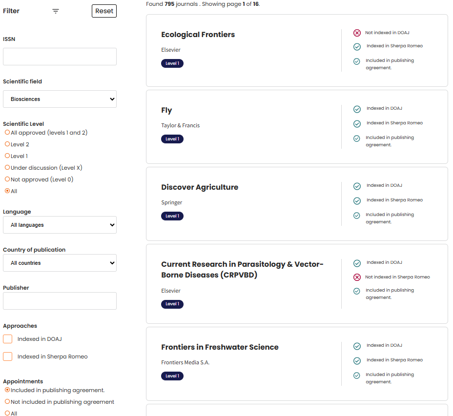 Search for scientific field "biosciences" and journals that are  included in publishing agreements in the channel register. Screenshot