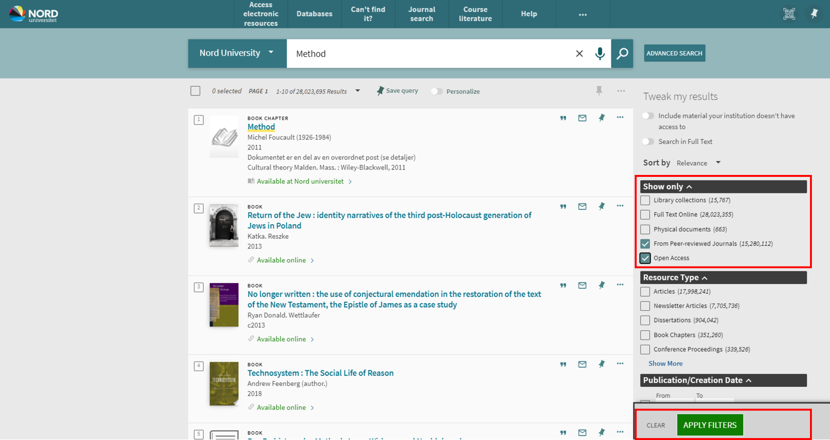 Options for delimitation in the library’s search tool Oria. Screenshot