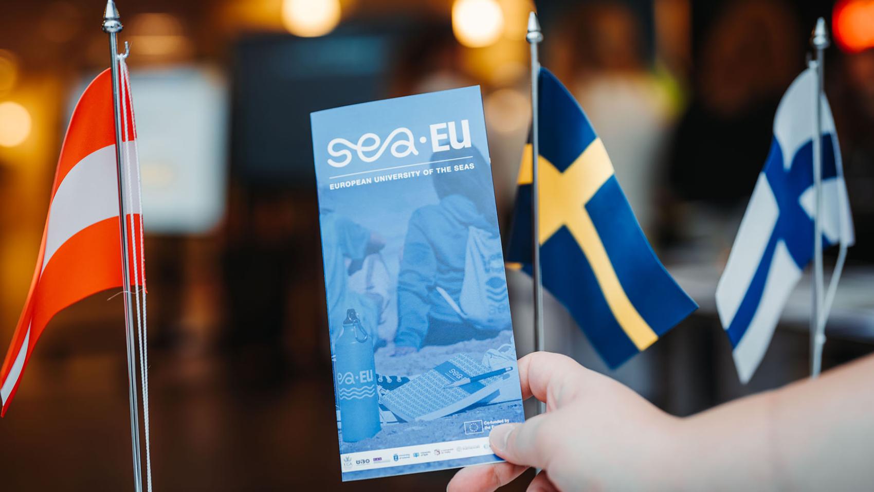 Hånd som holder en brosjyre med flagg i bakgrunn. Foto