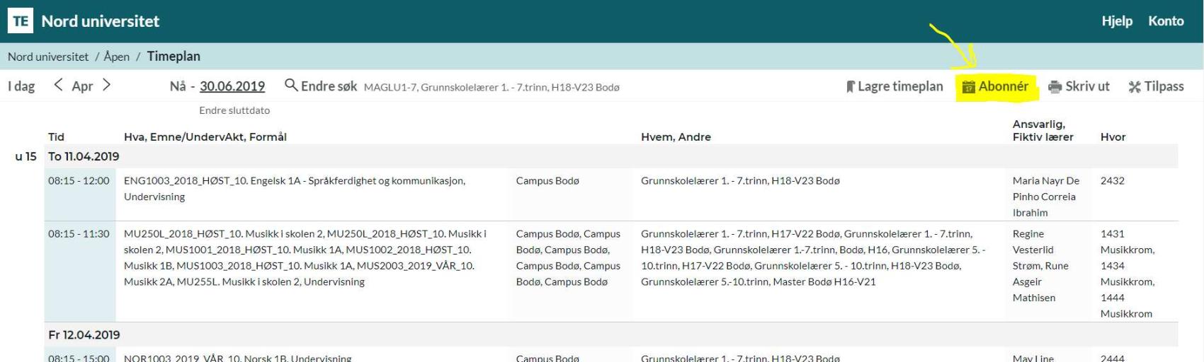 Abonnere på timeplan via TimeEdit